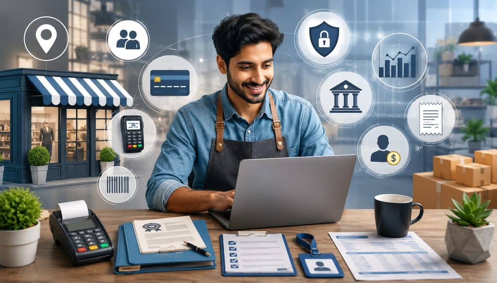 Merchant building a complete business payment profile with documents, POS terminal, banking, security, and analytics icons