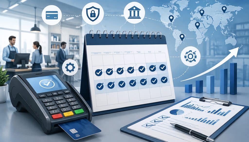 Payment processor pilot testing with POS terminal, 30-day calendar, and performance analytics
