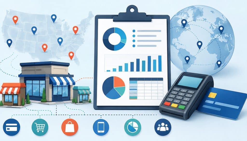 Multi-location transaction and payment data analytics for merchant services RFP
